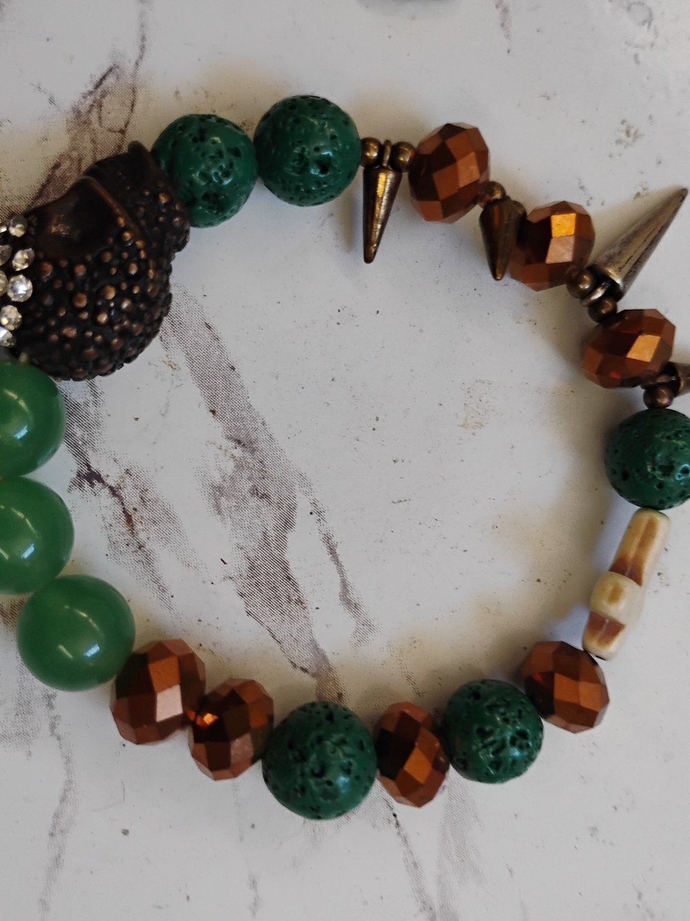 Green and Bronze Beaded Stretch Bracelet - Women Jewelry